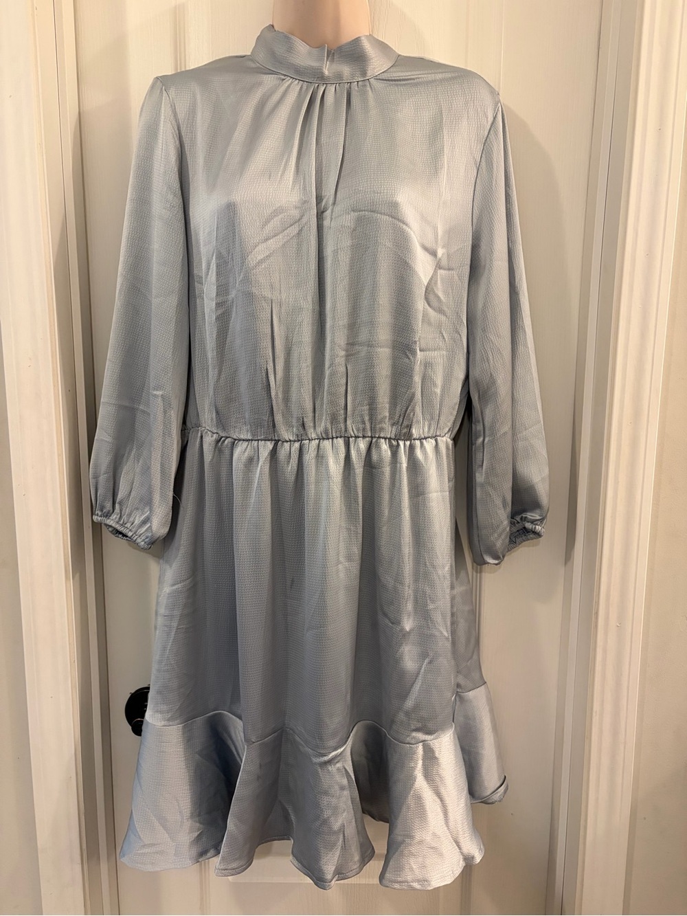 BTFBM Light Blue Satin Ruffle Hem Long Sleeve Dress NWT